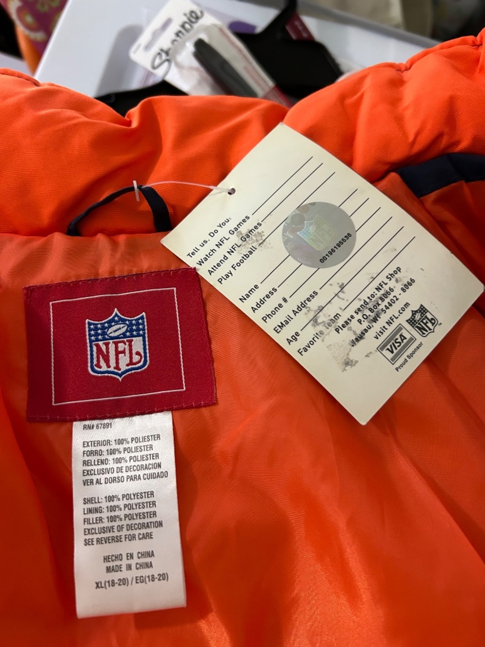 NWT Vintage Reebok NFL Denver Broncos Youth XL Puffer Jacket Coat Navy Orange - Picture 12 of 13